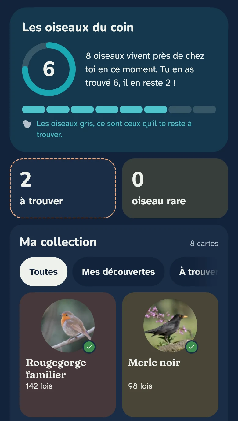 Carnet : Les oiseaux du coin, 8 oiseaux vivent près de chez toi, tu en as trouvé 6, avec les premières cartes de ta collection.